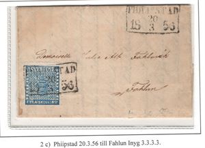 F2c 4 skill b:co på brev med fyrkantstämpel PHILIPSTAD 20.3.1856, intyg, H.O.W, " mycket gott objekt" 3,3,3,3