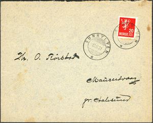 145. 20 øre Løve II på konvolutt, annullert med hjelpestempel "Sunnylven 12.2.31" (RO). Konvolutten med noen brune flekker.