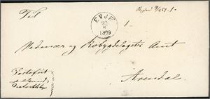 Brevomslag, sendt Portofritt, påskrevet "Bygland 19/8 59", stemplet "Evje 0.8.1859" og sendt til Arendal.