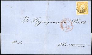 2. 2 skilling Oscar på brevomslag, annullert med nummerstempel og ved siden "Christinaia Bypost 28.4.1863" i rødt.