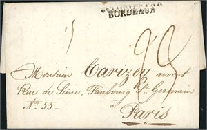 A complete letter dated "St Thomas 18 Aug. 1821" and sent to Paris. Transit-postmark "Bordeaux" on front, and arrival postmark "November 1 1821" at reverse.