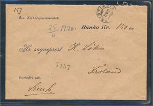 Portofritt bancobrev fra Kristiania til Froland 1920. Bak stemplet "ARENDAL 23-VI-20" og "AAMLIBANEN 23-VI-20"