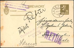 15 øre Brevkort, stemplet "Skreros 6.11.29" og sendt til "Sjøspeidernes forlag" i Oslo. Kortet er i tillegg stemplet "Speiderdepotet AS" og "Retur" i lilla. Noen rustflekker.
