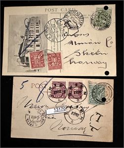 PORTO 2 engelske kort til Norge med portomerker 1902 og 1907