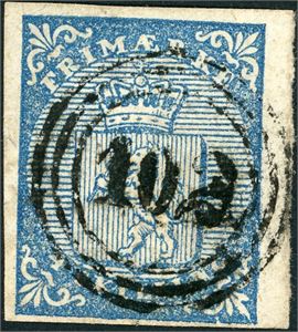 1. 4 skilling våpen 1855, anert med nummerstempel "102" (Hasvig, FI, 9 pkt). God marg i høyre side, de øvrige er litt smale.