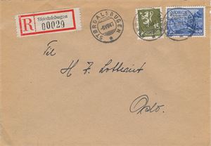 STØRDALSBUGEN (Sør-Trøndelag), stemplet SL -6 VIII 47 (6 pkt) på rek.brev med NK 245 og 364, sendt til H7-lotteriets kontor.
