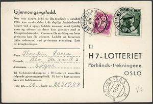 240,250. 5 øre Posthorn og 10 øre Nasjonalhjelp på H-7-kort, anert med KPH "Tånevikkilen (VA, 5 pkt). Ved siden stemplet "Kristiansand S. 9.11.46"..