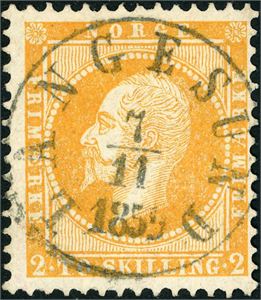 2. 2 skilling Oscar, pent fullstemplet "Langesund 7.11.1859" (TE).