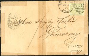 Z 12/153. DWI. 4d olivengreen (plate 15) on cover, cancelled with duplex cds "C 51 St. Thomas Paid A My 16 77" and sent to Georgetown, British Guyana. Arrival postmark at reverse. Marks on all the side and at the middle.