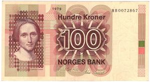 100 kroner 1979 HB. Erstatningsseddel. Kv.1+