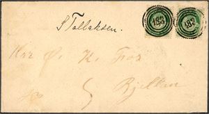 76. To 5 øre Posthorn på konvolutt, hvert merke vakkert annullert med 4-rings "183" (Kaaland, Bjelland, VA).