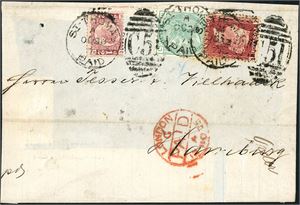 Z 1 pl 16, Z 3 pl 150. Z 30 pl 12. DWI. 1d, 1/2d and 1/- on coverfront, cancelled with duplex "St. Thomas A Oc 28 75, C51" and sent to Hamburg, Germany. Transitt "London Paid" in red beside.