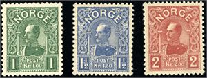 93/95. Haakon kronemerker 1909 i komplett serie. Luksus. (13.400,-).