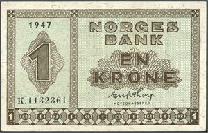 1 krone 1947, serie K.1132361. 1+