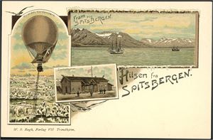 Hilsen fra Spitsbergen. Flott kort med 3 vignetter. K-1