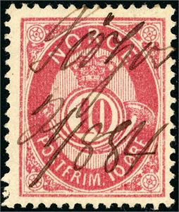 43. 10 øre 21 mm, anert med håndskrevet stedsnavn "Sørtjos 21/8 84" (TR).