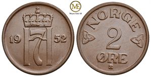 2 øre 1952 Type II Haakon VII. Prakt eksemplar