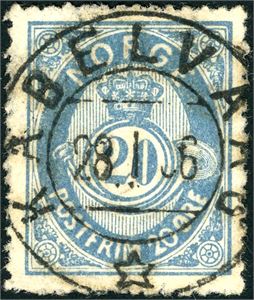 46b. 20 øre 21 mm, rettvendt fullstemplet "Kabelvaag 28.1.1886". Noe flistagget.