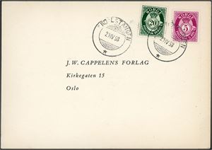 240,392. 5 øre Posthorn og 20 øre Posthorn på kort, annullert med hjelpestempel "Årdalstangen 29.4.58" (SF).