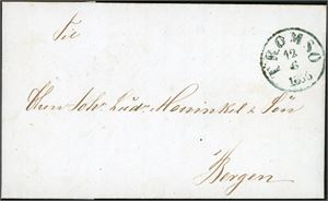 Komplett ufrankert brev, stemplet "Tromsø 12.6.1856" og sendt til Bergen. Baksiden med håndskrevet stedsnan "Loppen 10/6-56" samt porto og karterin "4-5".