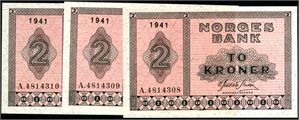 Tre 2 kroner 1941, serie A.4814308/10. 0
