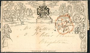 Great Britain. A 1d Mulready letter sheet used from "London 30.12.41" and sent to Brighton. Also an unused 2 d envelope.