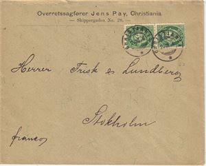 NK 67, plate I. Brev med logo stemplet "Christiania" 23-03-1896. 10 øres porto til Sverige.