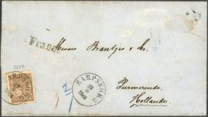 10. 24 skillings porto til Holland. 24 skill på brevomslag til Purmerende, stemplet "Sarpsborg 23.9.1864". Bl.a. "Sandøsund" og ankomststempel på baksiden. Omslaget med noen mindre anmerkninger.