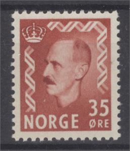 NK 432 II 35ø Haakon brunrød **  Uttalelse fra H.J.Enger  "NK 432 II Postfrisk med originalgummi"