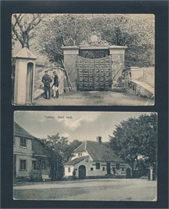 VESTFOLD - FREDERIKSVERN 2 kort VAKTEN (Johs Andersen) brukt 1924 med fjernet frimerke og VÆRFTSPORTEN (B & H No 106) ubrukt med hjørneknekk