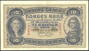 10 kroner 1943, serie C.6168522. 1