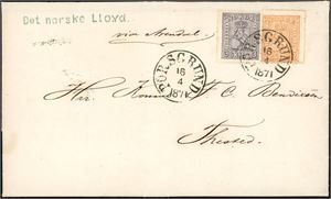 12,13. 5 skillings porto til Danmark. 2 skill 2 og 3 skill 3 på komplett brev til Thisted, stemplet "Porsgrund 16.4.1871". Baksiden med "Arendal-Fr.Havn 17.4.1871" samt "Thiosted 18.4".
