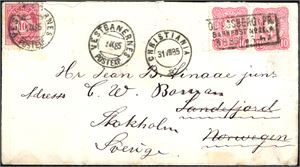 43. To tyske 10 pfg på konvolutt, stemplet "Bergberg Bahnpost 8.8.85" og sendt til Sandefjord, der konvolutten er påsatt en 10 øre 21 mm, stemplet "Vestbanernes Postexp. 1.9.85" og vidresendt til Stockholm. Konvolutten er også transittstemplet "Christiania 31.8.85" på sin vei til Sandefjord. Baksiden med svensk jernbanestempel.