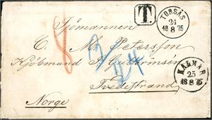 Ufrankert brev, stemplet "Torsås 24.8.1875", "Kalmar 25.8.1875" samt en "T" og sendt til Tvedestrand. Transittstemplet "Bureau Ré Expédiant De Christiania 26.8.1875" i blått på baksiden.