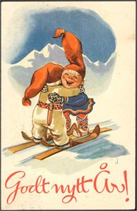 Damsleth. To glade nisser på ski. N. W. Damm & Søn. Brukt i 1937. K-1