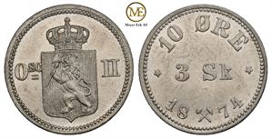 10 øre/3 Sk. 1874 Oscar II. Kv.0/01