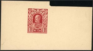 111. 1 1/2 kr Haakon 1910. Gravørprøvetrykk i rød farge på kartong.