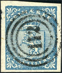 1. 4 skilling Våpen 1855, annullert med nummerstempel "112" (Hevne, ST, 7 pkt). Tre gode- til normale marger, litt smal nede.