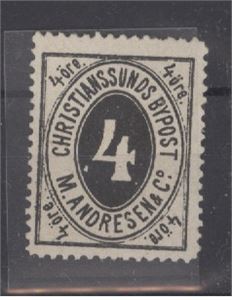 Christiansunds bypost nr 5 (Pihl) ubrukt. Attest NF: "Frimerket er ekte og uten gummi"