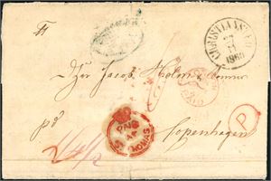 A complete letter from St Croix to Copenhagen with "Christiansted 27.11.1860" on front together with a two sircel "Paid at St Thomas" with crown. On reverse is it two different postalmarks from St. Thomas", two from "Hamburg" and arrival cds "Kiøbenhavn". Some remarks on the top and bottom on the letter.