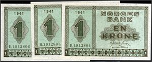 Tre stk 1 krone 1941 i rekkefølge. Serie B.1912804/5. 0
