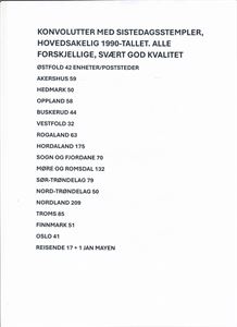 SISTEDAGSSTEMPLER Kasse med 1258 brev sortert fylkesvis, hovedsakling 1990-tallet. Svært god kvalitet, liste på bilde 1. Vekt 4,8 kilo