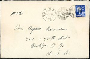 188. 30 øre Bjørnson på konvolutt til U.S.A., annullert med nummerstempel "113" (Landø, VA), og ved siden stemplet "Tregde 10.4.33".