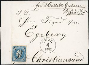 4. 4 skilling Oscar på brevomslag, anert med blekkryss samt to halvsirkler, og ved siden håndskrevet "Bygland 2/7 62" samt stemplet "Evje 3.7.1862".