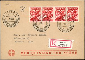 259. Fire stk Legion på konvolutt, annullert med det offisielle stempelet "Oslo 1.8.41". På baksiden stemplet "Vinderen 1.8.41" og "Slemdal 2.8.41".