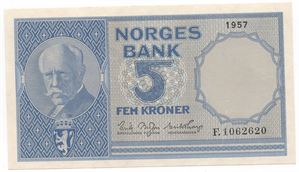 5 kroner 1957 F.1062620. Kv.0