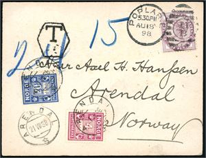 4 konvolutter og 3 kort, alle sendt til eller fra utlandet og påsatt Portomerker. Bl.a. en ufrankert konvolutt fra India med to fintaggete 20 øre Centraltrykkeriet og et kort med grovtagget 20 øre.