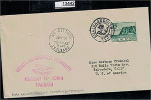 SVALBARDRUTEN TFDS på filatelistisk kort til USA sidestemplet "NY ÅLESUND 22-7-58".  (Grad 4)