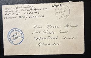 CANADA-BREV Brev sendt fra Canadisk krigsskip stemplet "C.A.P.O. No 20 41" til Montreal. Sensurstempel i tillegg på begge sider