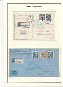 MOTIV: ZEPPELIN ISLAND Mi 147-49 på brev til USA og kort med Mi 148-49 til Wien. Begge sendt rek og med grønt "ISLANDFAHRT" stempel